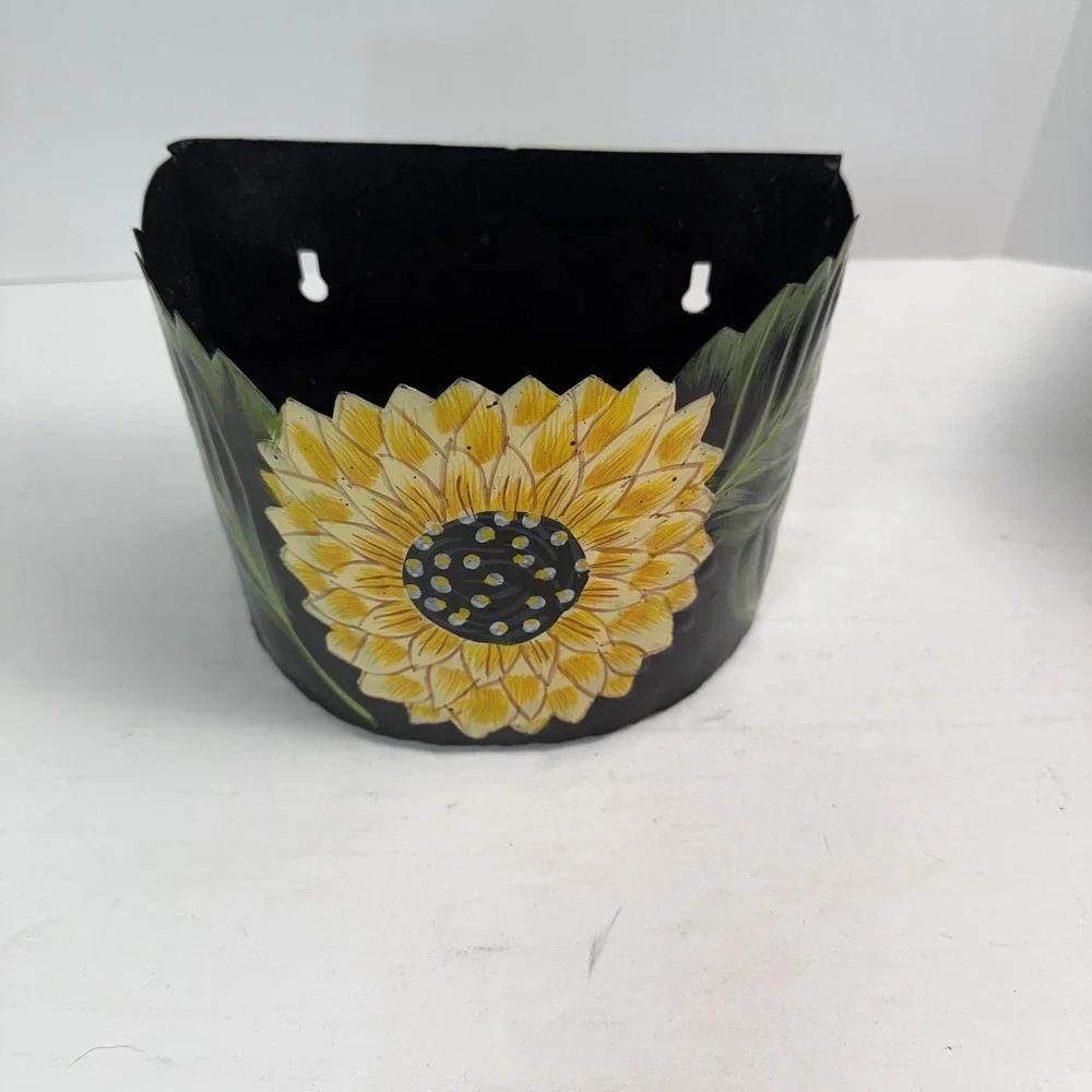 Hand Painted JJ Sunflower Wall Basket Planter Small Metal Yellow Toleware